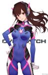  1girl armor bangs bodysuit bracer breasts brown_eyes brown_hair bunny_print closed_mouth copyright_name covered_navel cowboy_shot d.va_(overwatch) eyelashes facepaint facial_mark gloves hand_on_hip headphones high_collar highres lips lipstick long_hair looking_at_viewer makeup medium_breasts overwatch pauldrons pilot_suit ribbed_bodysuit shoulder_pads simple_background skin_tight solo thigh_strap turtleneck twitter_username whisker_markings white_background white_gloves 