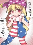  1girl american_flag_dress american_flag_legwear blonde_hair blush clownpiece collar commentary_request dress frilled_collar frills hammer_(sunset_beach) hat jester_cap long_hair looking_at_viewer polka_dot red_eyes short_dress short_sleeves solo star striped sweatdrop touhou translation_request 