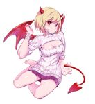  1girl barefoot blonde_hair cleavage_cutout demon_girl demon_horns demon_tail demon_wings horns looking_at_viewer miniskirt open-chest_sweater original pleated_skirt red_eyes red_wings ribbed_sweater rushi_(bloodc) short_hair sitting skirt smile solo sweater tail wings 