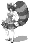 1girl animal_ears bell bow dress full_body futatsuiwa_mamizou glasses gourd greyscale hand_on_hip hat hat_bow jingle_bell leaf leaf_on_head looking_at_viewer mazume monochrome pince-nez raccoon_ears raccoon_tail sandals short_hair smile solo tail tanuki touhou 