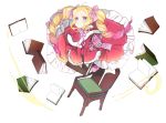  1girl beatrice_(re:zero) blonde_hair blue_eyes blush book bow capelet chair closed_mouth crown dress drill_hair floating_book floating_object frills full_body fur_trim furrowed_eyebrows gradient_hair hair_ribbon highres km_(kyoma0) levitation long_hair long_sleeves looking_at_viewer magic mini_crown multicolored_hair open_book pantyhose pink_hair pink_ribbon pom_pom_(clothes) re:zero_kara_hajimeru_isekai_seikatsu ribbon sidelocks solo striped striped_legwear striped_ribbon symbol-shaped_pupils twin_drills twintails twitter_username two-tone_hair white_background wide_sleeves 