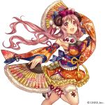  1girl bangs blush bow breasts copyright_request detached_sleeves dress eyebrows eyebrows_visible_through_hair fan flower folding_fan frilled_dress frills hair_bow hair_flower hair_ornament holding_fan horns lace long_hair looking_at_viewer madogawa official_art open_mouth original outstretched_arms pink_eyes pink_hair sandals sheep_horns sidelocks socks wide_sleeves 