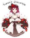  1girl :d blueberry blush brown_eyes brown_hair cake cherry chocolate chocolate_covered chocolate_heart detached_sleeves english food frilled_sleeves frills fruit gotmil hairband heart holding lolita_hairband looking_at_viewer open_mouth original plate puffy_short_sleeves puffy_sleeves raspberry short_hair short_sleeves simple_background skirt smile solo strawberry white_background 