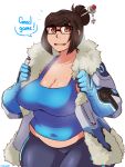  1girl belly breasts brown_eyes brown_hair cleavage coat curvy gloves highres huge_breasts kimmi looking_at_viewer mei_(overwatch) open_clothes open_coat overwatch plump short_hair simple_background smile solo sweat thick_thighs thighs white_background wide_hips 