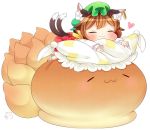  1girl :3 animal_ears brown_hair cat_ears cat_tail chen closed_eyes closed_mouth commentary_request fox_tail green_hat hat heart ibarashiro_natou jewelry lying mob_cap multiple_tails nekomata on_stomach pillow_hat short_hair single_earring tail touhou two_tails yakumo_ran 