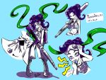  1girl armor blue_background boots character_name character_sheet clothes_around_waist cross-laced_footwear goggles green_eyes holding holding_weapon ink_tank_(splatoon) jacket_around_waist knee_boots multiple_views navel pancake_(zoza) partially_colored purple_hair seaweed short_hair solo splat_charger_(splatoon) splatoon standing takozonesu tentacle_hair weapon whistle zoza 