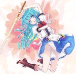  1girl alternate_eye_color arm_up blue_eyes blue_hair boots bow hinanawi_tenshi knee_boots long_hair looking_at_viewer miniskirt open_mouth panties pantyshot puffy_sleeves shirt skirt solo subachi sword_of_hisou touhou underwear upskirt very_long_hair white_panties 