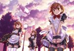  3girls assault_rifle black_legwear blush brown_eyes brown_hair building clouds dirigible garter_straps gun holding lamppost looking_at_viewer maid multiple_girls open_mouth raika9 rifle short_hair sky thigh-highs to_aru_majutsu_no_index tree v_arms weapon white_legwear wrist_cuffs zeppelin 