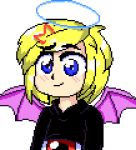  barrette bat_wings black_sweater blonde_hair blue_eyes dungeon_toaster evil_eye_sigma eyeball halo head humanization oota_jun&#039;ya_(style) pc98 pixel_art red_eyes simple_background sweater tagme touhou wings 