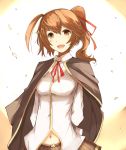  1girl absurdres arms_behind_back blazblue brown_eyes brown_hair cape celica_a_mercury hair_ribbon highres long_hair long_sleeves navel open_mouth ponytail ribbon shirt skirt smile solo venomrobo 