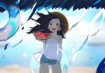  1girl :d abstract_background arm_behind_back beach black_hair blush commentary cowboy_shot food fruit green_eyes gwayo hat holding innertube long_hair looking_at_viewer open_mouth original sand shorts smile solo straw_hat sun_hat tank_top water water_drop watermelon 