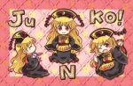  2girls :d ;d black_dress blonde_hair blush chibi chinese_clothes crescent dress hat hug junko_(touhou) long_hair long_sleeves looking_at_viewer lowres multiple_girls multiple_views one_eye_closed open_mouth pote_(ptkan) red_eyes reisen_udongein_inaba sash smile tabard touhou very_long_hair wide_sleeves 