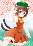  1girl :3 absurdres animal_ears blurry blush brown_hair cat_ears cat_tail chen cherry_blossoms frilled_skirt frills hat highres jewelry looking_at_viewer mob_cap multiple_tails orange_eyes petals puffy_sleeves shirt short_hair short_sleeves single_earring skirt skirt_set solo tail touhou vest yuzucha_(sora-neko) 