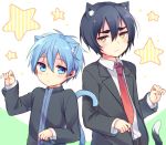  2boys animal_ears black_hair blue_eyes blue_hair blush cat_ears cat_tail closed_mouth embarrassed formal hanamiya_makoto kemonomimi_mode kuroko_no_basuke kuroko_tetsuya looking_at_viewer male_focus multiple_boys necktie paw_pose poooka school_uniform slit_pupils star suit tail yellow_eyes 