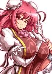  &gt;:o 1girl :o bandaged_arm between_breasts breasts bun_cover chinese_clothes cuffs double_bun flower hair_bun highres ibaraki_kasen large_breasts looking_at_viewer mazume pink_eyes pink_hair pink_rose puffy_short_sleeves puffy_sleeves rose shackles short_hair short_sleeves solo tabard touhou tsurime upper_body white_background 