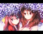  2girls 33_(mkiiiiii) blush bow brown_hair drill_hair flower hair_between_eyes hair_bow harukaze_(kantai_collection) japanese_clothes kamikaze_(kantai_collection) kantai_collection kimono letterboxed light_smile long_hair multiple_girls purple_hair red_eyes smile twin_drills violet_eyes 