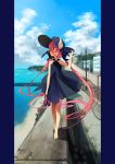  1girl absurdres bare_shoulders barefoot black_dress bow building clouds curly_hair dress full_body hair_bow hand_on_headwear hat highres holding holding_shoes iwato1712 lifebuoy long_hair looking_away o-ring_top ocean original pillarboxed pink_hair power_lines red_eyes ribbon road seaside shoes shoes_removed sky slippers solo street sun_hat twintails very_long_hair walking walking_on_railing 