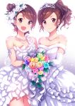  2girls bare_shoulders blush bouquet bride brown_eyes brown_hair commentary_request dress earrings elbow_gloves flower futami_ami futami_mami gloves hair_flower hair_ornament idolmaster ima_(lm_ew) jewelry looking_at_viewer multiple_girls necklace open_mouth siblings side_ponytail sisters smile tiara twins wedding_dress white_dress white_gloves 