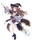  1girl absurdres animal_ears boots braid brown_hair center_opening facial_mark fang forehead_mark full_body hat highres long_hair looking_at_viewer maruchi multiple_braids open_mouth original solo staff standing_on_one_leg tail violet_eyes white_background wide_sleeves witch_hat wolf_ears wolf_tail 