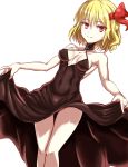  1girl armpits bare_arms bare_shoulders blonde_hair breasts choker cleavage cleavage_cutout closed_mouth covered_navel cowboy_shot dress dutch_angle hair_ribbon highres looking_at_viewer red_eyes red_ribbon ribbon rumia short_hair simple_background skirt_hold sleeveless sleeveless_dress smile solo thigh_gap touhou white_background yarumi_(suina) 