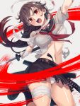  1girl bandages black_hair bra breasts hachimaki headband highres itou_(onsoku_tassha) katana long_hair open_mouth original panties pantyshot red_eyes school_uniform solo sword torn_clothes underwear weapon 