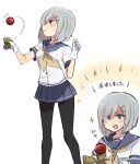  1girl annin_musou bangs blue_eyes gloves hair_ornament hair_over_one_eye hairclip hamakaze_(kantai_collection) kantai_collection kendama neckerchief open_mouth pantyhose playing pleated_skirt school_uniform serafuku silver_hair skirt smile solo sparkle toy translated 