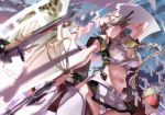  1girl airplane antlers arm_up bare_shoulders braid breasts brown_legwear cleavage_cutout cloud_print clouds cloudy_sky crop_top from_below hair_ornament holding kantai_collection large_breasts long_braid long_hair looking_at_viewer machinery midriff multiple_girls navel panties remodel_(kantai_collection) shikigami short_sleeves silver_hair single_braid skirt sky solo staff thigh-highs thighs tsuuhan underwear unryuu_(kantai_collection) very_long_hair white_panties yellow_eyes zettai_ryouiki 