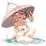  1girl alternate_costume alternate_hairstyle bare_shoulders bell bikini breasts character_doll character_name chen cleavage collarbone double_bun frilled_bikini frills full_body hat jingle_bell leg_garter mob_cap navel parasol pinky_out popsicle sandals_removed shoes_removed short_hair sitting solo starshadowmagician swimsuit touhou umbrella violet_eyes water white_background white_bikini white_swimsuit yakumo_ran yakumo_yukari 