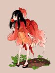  1girl animal bag bagged_fish bangs black_eyes black_hair bow candy_apple eating fish fish_costume food frills full_body geta goldfish grass holding holding_food japanese_clothes kimono legs_apart long_hair looking_away obi original plant plastic_bag platform_footwear purimari red_background red_bow sash short_kimono simple_background solo standing wide_sleeves yukata 