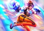  1girl artist_name ass bodysuit breasts brown_eyes brown_hair commentary copyright_name dual_wielding facing_viewer gloves goggles gun handgun jacket looking_afar looking_at_another michelle_hoefener overwatch parted_lips patreon short_hair signature smile solo spiky_hair tracer_(overwatch) weapon 