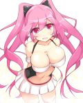  1girl arms_behind_back breasts cleavage grace_(sound_voltex) kuro_(be_ok) leaning_forward long_hair looking_at_viewer miniskirt navel open_mouth pink_eyes pink_hair pleated_skirt sidelocks skirt solo sound_voltex thigh-highs white_legwear 