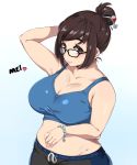  1girl belly bracelet breasts brown_hair cleavage groin highres jewelry large_breasts mei_(overwatch) moisture_(chichi) overwatch plump short_hair simple_background solo white_background 