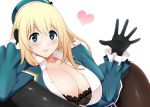  1girl atago_(kantai_collection) black_bra black_gloves black_legwear blonde_hair blue_eyes bra breasts cleavage commentary_request gloves hat heart kantai_collection lace-trimmed_bra large_breasts long_hair long_sleeves looking_at_viewer mattari_yufi military military_uniform open_clothes open_shirt pantyhose shirt sitting sitting_on_lap sitting_on_person solo unbuttoned underwear uniform 