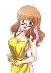  1girl apron book breasts brown_eyes brown_hair excel_(shena) girls_und_panzer glasses large_breasts long_hair looking_at_viewer naked_apron open_mouth red-framed_glasses smile solo takebe_saori 