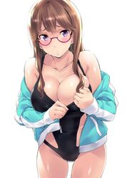  1girl :&lt; bare_shoulders blush breasts brown_hair character_request cleavage collarbone glasses highres jacket large_breasts long_hair nagayori one-piece_swimsuit parted_lips red-framed_glasses shiny shiny_skin sidelocks simple_background solo swimsuit violet_eyes white_background zipper 