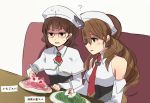  2girls annin_musou blonde_hair brown_eyes brown_hair detached_sleeves food fruit glasses headdress kantai_collection littorio_(kantai_collection) multiple_girls necktie pasta roma_(kantai_collection) shawl sitting strawberry sweatdrop translated whipped_cream 