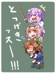  &gt;_&lt; anger_vein aomarugoma bow brown_hair chibi closed_eyes compa d-pad hair_bow hair_ornament hairband human_tower if_(choujigen_game_neptune) long_hair multiple_girls neptune_(choujigen_game_neptune) neptune_(series) open_mouth purple_hair ribbon short_hair smile stacking sweater sword weapon 