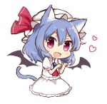  &gt;:d 1girl :d animal_ears ascot bat_wings blue_hair blush bow brooch cat_ears cat_tail chibi detached_wings eyebrows eyebrows_visible_through_hair fang hat hat_bow heart jewelry kemonomimi_mode looking_at_viewer low_wings mob_cap open_mouth paw_pose red_eyes remilia_scarlet short_hair simple_background skirt skirt_set smile solo tail touhou white_background wings yada_(xxxadaman) 
