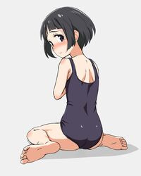  1boy barefoot beaver_(artist) black_hair blue_eyes blush boku_dake_ga_inai_machi from_behind looking_at_viewer looking_back school_swimsuit short_hair sitting solo sugita_hiromi swimsuit wariza 