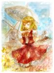  acrylic_paint_(medium) arms_up bow bowtie closed_eyes clouds flower green_hair kazami_yuuka keiko_(mitakarawa) mixed_media muted_color short_hair skirt skirt_set sky sunflower touhou traditional_media umbrella windmill 