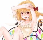  1girl armpits arms_up blonde_hair bow chemise crying crying_with_eyes_open crystal fang flandre_scarlet gotoh510 hair_bow looking_away no_hat open_mouth red_eyes short_hair side_ponytail simple_background sleeveless solo tears touhou white_background wings 