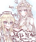 2girls ahoge blonde_hair blue_eyes blush brown_eyes brown_hair commentary english highres iowa_(kantai_collection) kantai_collection kongou_(kantai_collection) kvlen multiple_girls open_mouth profanity squiggle star star-shaped_pupils sweat symbol-shaped_pupils torn_clothes 