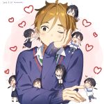  &gt;_&lt; 1boy 2016 6+girls ^_^ ahoge alternate_hairstyle artist_name bangs black_hair black_legwear blush brown_hair chibi closed_eyes closed_mouth clothes_grab hair_between_eyes hair_down hair_ornament happy head_rest heart hetero holding_finger kitashirakawa_tamako long_hair long_sleeves looking_at_another low_twintails lying messy_hair minigirl momose_(oqo) multiple_girls multiple_persona on_stomach ooji_mochizou pants person_on_head school_uniform shoes sitting sitting_on_shoulder sleeping smile socks sweater tamako_market twintails white_legwear 