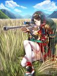  1girl bangs bare_shoulders beniimo_danshaku black_hair breasts clouds company_name copyright_request english glass glasses grass gun hairband hill holding holding_gun holding_weapon japanese_clothes kimono obi on_ground one_knee outdoors parted_lips ribbon-trimmed_legwear ribbon_trim rifle sandals sash scope semi-rimless_glasses sniper_rifle solo swept_bangs thigh-highs weapon white_legwear 