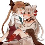  2girls akigumo_(kantai_collection) amatsukaze_(kantai_collection) brown_eyes brown_hair dress garter_straps green_eyes itomugi-kun kantai_collection long_hair multiple_girls open_mouth papers ponytail ribbon sailor_dress school_uniform silver_hair skirt sleeves_folded_up tears two_side_up yuri 