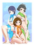  3girls akizuki_ryou antenna_hair barefoot bikini black_hair blue_eyes blue_hair brown_eyes brown_hair feet g-tetsu genderswap hair_ornament hairclip hidaka_ai highres idolmaster idolmaster_dearly_stars idolmaster_ds kneeling long_hair mizutani_eri multiple_girls polka_dot polka_dot_bikini polka_dot_swimsuit scarf short_hair sitting swimsuit trap 