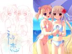  beach bikini blonde_hair bottle flat_chest flower hatsukoi hatsushima_anzu long_hair multiple_girls nonohara_miki ocean one-piece_swimsuit purple_eyes red_eyes ribbon rune shiina_yusumi short_hair swimsuit tankini twintails violet_eyes wallpaper 