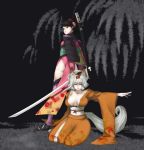  animal_ears armor black_hair breasts brown_eyes cleavage flower fox_ears fox_tail hair_flower hair_ornament inari japanese_clothes katana kimono kongiku leaf leaf_on_head leaves momohime muchakushoku multiple_girls oboro_muramasa oboro_muramasa_youtouden orange_eyes sheath silver_hair sword tail weapon 