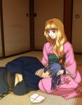  1girl blonde_hair blue_eyes blue_hair braid couple cradle earrings japanese_clothes jewelry lap lap_pillow long_hair macross macross_frontier ponytail saotome_alto sheryl_nome smile 