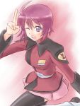  ahoge bad_id gundam gundam_seed gundam_seed_destiny lunamaria_hawke military military_uniform purple_eyes purple_hair satogo solo thigh-highs thighhighs uniform violet_eyes wink 